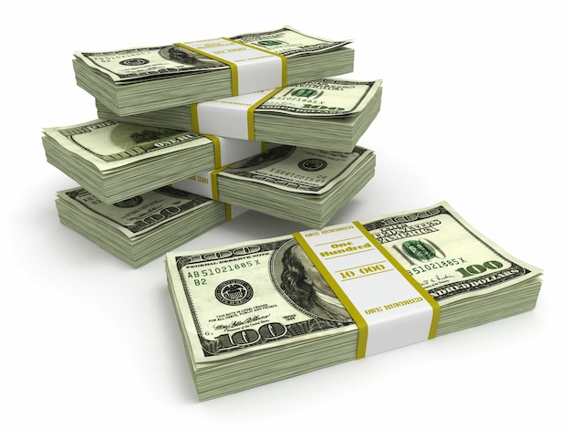 Packs of dollars on white background. 3d | Premium Photo